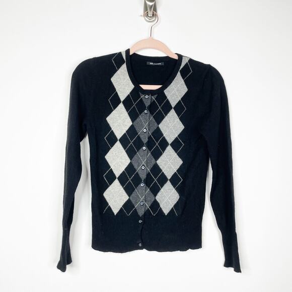 Unlisted Sweaters - Pure Cashmere Scoop Neck Button-up Argyle Cardigan Black Long Sleeve #5660